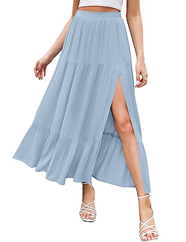 HAEOF Damen 2025 Sommer Boho Flowy Maxi Rock Trendy Schlitz Elastische Hohe Taille A Linie Strand Lange Röcke mit Taschen, S-Hellblau, Groß von HAEOF