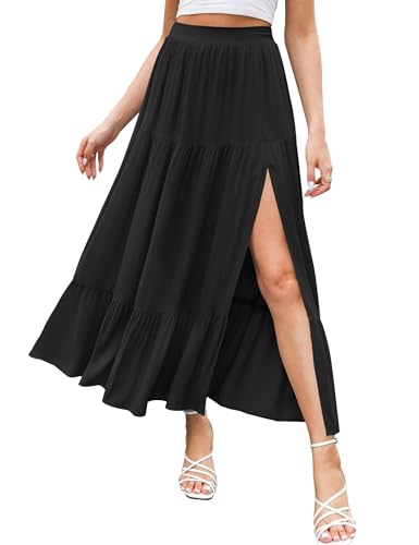 HAEOF Damen 2025 Sommer Flowy Boho Maxi Rock Trendy Schlitz Elastische Hohe Taille A Linie Strand Lange Röcke mit Taschen, S-schwarz, Klein von HAEOF