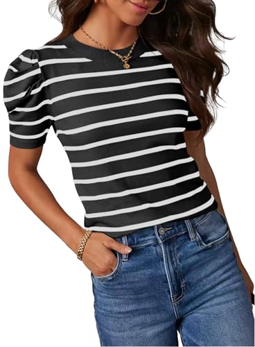 HAEOF Damen gestreifte Puffärmel Business Casual Tops Frühling Sommer Trendy Leichte Pullover Arbeitshemden Blusen, Schwarz, Groß von HAEOF