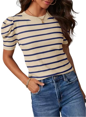 HAEOF Damen gestreifte Puffärmel Business Casual Tops Frühling Sommer Trendy Leichte Pullover Arbeitshemden Blusen, aprikose, Mittel von HAEOF