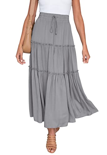 HAEOF Damen Boho Elastisch Hohe Taille A Linie Rüschen Swing Strand Maxi Rock mit Taschen - Grau - X-Groß von HAEOF