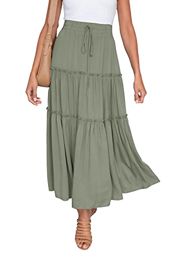 HAEOF Damen-Maxirock, fließend, Boho-Stil, elastisch, hohe Taille, A-Linie, plissiert, gestuft, trendiger Strand, lange Röcke mit Taschen, Grün , Mittel von HAEOF