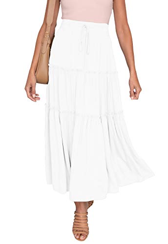 HAEOF Damen Boho Elastisch Hohe Taille A Linie Rüschen Swing Strand Maxi Rock mit Taschen - Weiß - Mittel von HAEOF