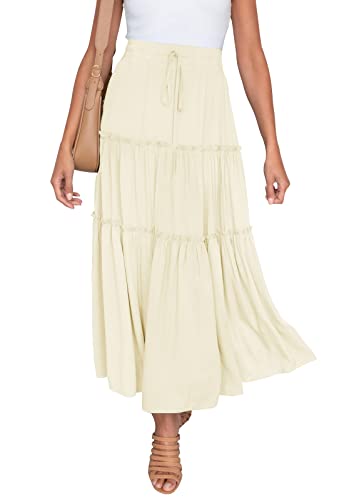 HAEOF Damen Boho Elastische Hohe Taille A Linie Rüschen Swing Strand Maxirock mit Taschen, aprikose, Mittel von HAEOF