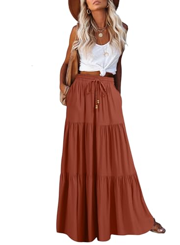 HAEOF Damen Sommer Boho Elastische Hohe Taille Maxirock A-Linie Flowy Swing Rüschen Gestufte Lange Strandröcke mit Taschen, Caramel, Klein von HAEOF