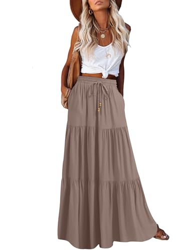 HAEOF Damen Sommer Boho Elastische Hohe Taille Maxirock A-Linie Flowy Swing Rüschen Gestufte Lange Strandröcke mit Taschen, Khaki, Mittel von HAEOF
