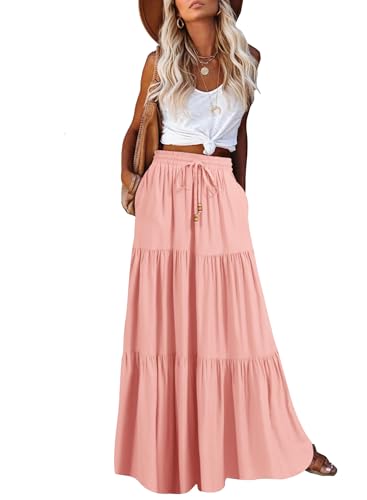 HAEOF Damen Sommer Boho Elastische Hohe Taille Maxirock A-Linie Flowy Swing Rüschen Gestufte Lange Strandröcke mit Taschen, Pink, Groß von HAEOF