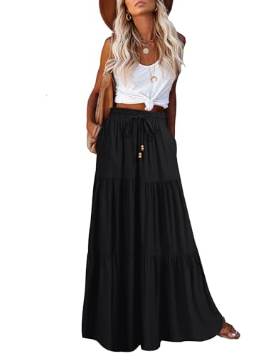 HAEOF Damen Sommer Boho Elastische Hohe Taille Maxirock A-Linie Flowy Swing Rüschen Gestufte Lange Strandröcke mit Taschen, Schwarz, X-Groß von HAEOF