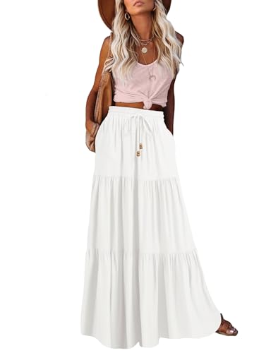 HAEOF Damen Sommer Boho Elastische Hohe Taille Maxirock A-Linie Flowy Swing Rüschen Gestufte Lange Strandröcke mit Taschen, Weiss/opulenter Garten, Klein von HAEOF