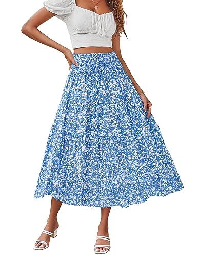 HAEOF Damen Sommer Elastische Hohe Taille Boho Maxi Rock Casual Kordelzug A Linie Langer Rock, Floralblau, Mittel von HAEOF