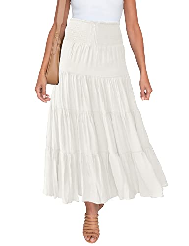 HAEOF Damen Sommer Elastische Hohe Taille Boho Maxi Rock Casual Kordelzug A Linie Langer Rock, Weiss/opulenter Garten, X-Klein von HAEOF