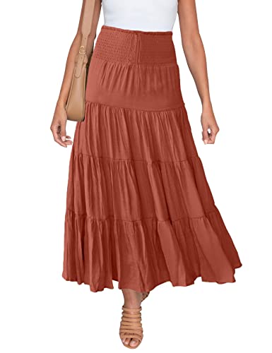 HAEOF Damen Sommer Flowy Boho Maxirock Trendy gesmokte Taille Rüschen gestufte A-Linie Casual Strand Lange Röcke Midi Kleid, Caramel, X-Groß von HAEOF
