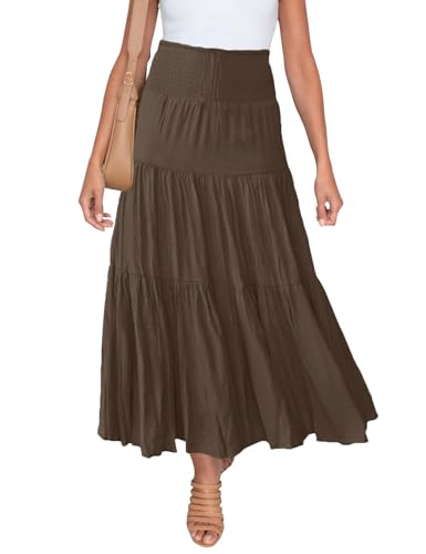 HAEOF Damen Sommer Flowy Boho Maxirock Trendy gesmokte Taille Rüschen gestufte A-Linie Casual Strand Lange Röcke Midi Kleid, Kaffee (mit Tasche), X-Groß von HAEOF