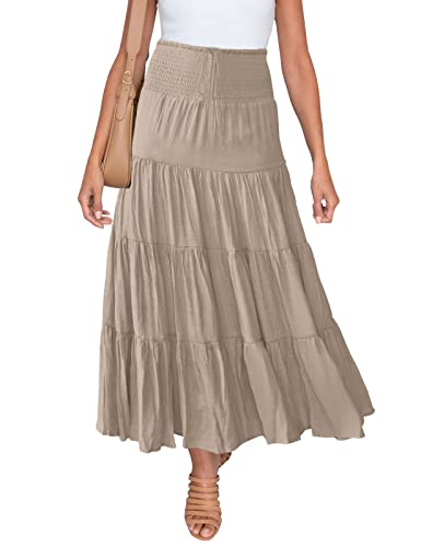 HAEOF Damen Sommer Flowy Boho Maxirock Trendy gesmokte Taille Rüschen gestufte A-Linie Casual Strand Lange Röcke Midi Kleid, Khaki, Mittel von HAEOF