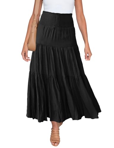 HAEOF Damen Sommer Flowy Boho Maxirock Trendy gesmokte Taille Rüschen gestufte A-Linie Casual Strand Lange Röcke Midi Kleid, Schwarz (mit Tasche), Mittel von HAEOF