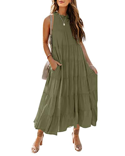 HAEOF Damen Sommerkleid, ärmellos, Neckholder, Maxikleid, plissiert, gestuft, Swing-Strandkleid, langes Sommerkleid, Army Grün, Groß von HAEOF