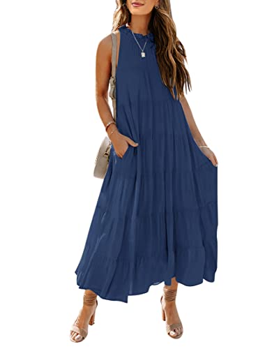 HAEOF Damen Sommerkleid, ärmellos, Neckholder, Maxikleid, plissiert, gestuft, Swing-Strandkleid, langes Sommerkleid, navy, Groß von HAEOF