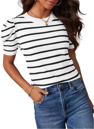 HAEOF Damen gestreifte Puffärmel Business Casual Tops Frühling Sommer Trendy Leichte Pullover Arbeitshemden Blusen, Weiss/opulenter Garten, Groß von HAEOF