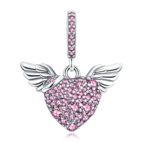 HAEPIAR S925 Sterling Silber Charm für Armband Halskette Sterling Silber Dangles Liebe Rosa Diamanten mit Engelsflügel für Frauen Mädchen von HAEPIAR