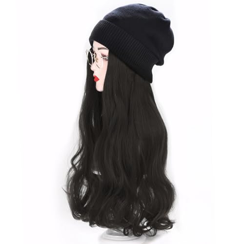 Damen-Perücken-Strickmütze, warme Winter-Strickmütze, Damen-Winter-Mütze, gestrickte Perücke mit langem, glattem/gewelltem, lockigem Haar, Perücke, befestigtes 59,9 cm langes synthetisches Haarteil(Na von HAEUYA