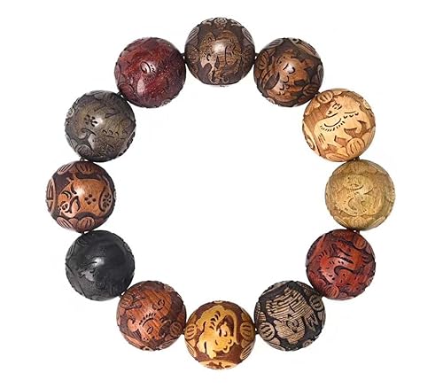 Gebetsperlen, Perlenarmbänder, Armband aus natürlichen Ebenholzperlen aus Birnenholz mit exquisiter Schnitzerei der zwölf Sternzeichen, Armband, Gebetsperlen, Mala, Manschettenwickelschmuck(A 20mm) von HAEUYA