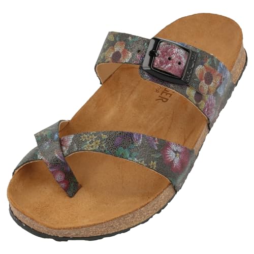 HAFLINGER Bio Juno Leder Pantolette Sandale Korkfußbett Unisex Blumenmotiv (1905), Gr 41 von HAFLINGER