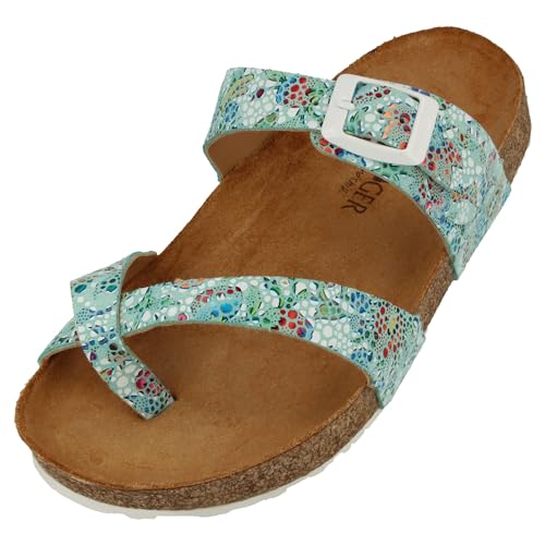 HAFLINGER Bio Juno Leder Pantolette Sandale Korkfußbett Unisex Blumenmotiv Grün (1921), Gr 42 von HAFLINGER