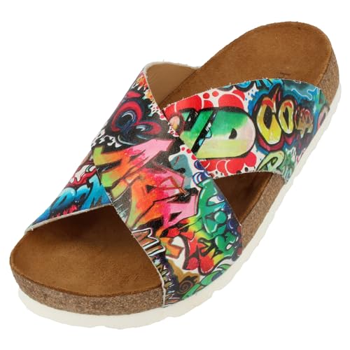 HAFLINGER Bio Mio Leder Pantolette Sandale Unisex Graffiti (Multidrawing 1739), Gr 37 von HAFLINGER