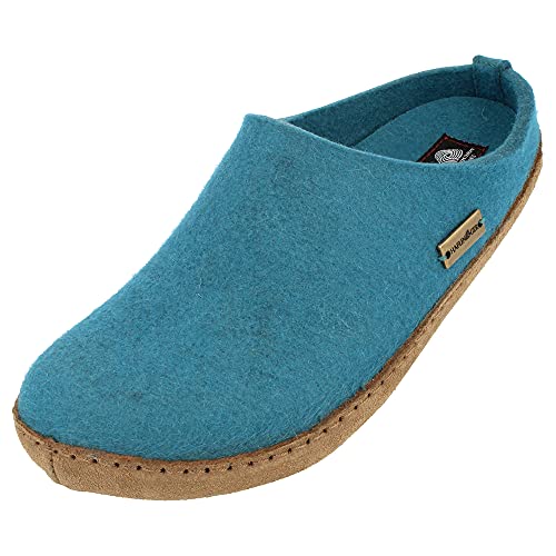 HAFLINGER Emils Toffel Filzpantoffel Hausschuh mit Ledersohle Unisex (Türkis 93) Gr 36 von HAFLINGER