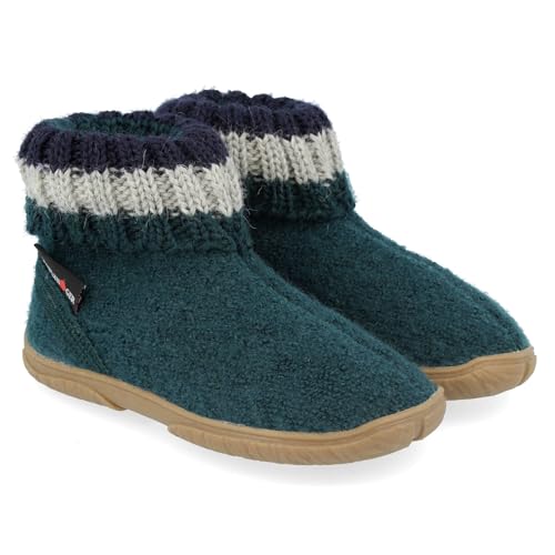 HAFLINGER Fidelius Jona Kinder Hüttenschuhe aus Wollwalkstoff mit Gummisohle und Kragen Grün (Tannengrün 13), Gr. 23 von HAFLINGER