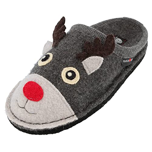 HAFLINGER Flair Renna Wollwalk Pantoffel Hausschuh Rentier Grau (Anthrazit 4), Gr. 38 von HAFLINGER