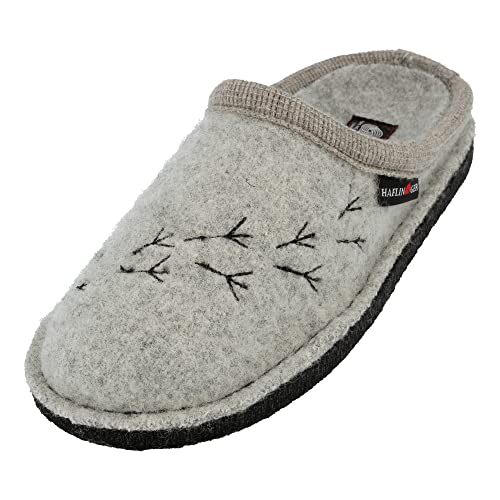 HAFLINGER Flair Songbird Wollwalk Pantoffel Hausschuh Damen Vogelmotiv (Steingrau 84) Gr. 42 von HAFLINGER