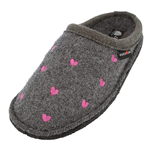 HAFLINGER Flair Valentine Pantoffeln Hausschuhe Walkstoff Herzmotiv Anthrazit, Gr. 40 von HAFLINGER