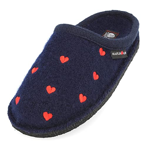 HAFLINGER Flair Valentine Pantoffeln Hausschuhe Walkstoff Herzmotiv Mittelblau, Gr. 36 von HAFLINGER