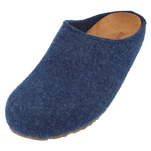 HAFLINGER Grizzly Michl Filzpantoffel Hausschuh mit Gummisohle Lederfußbett Jeans, Gr. 41 von HAFLINGER