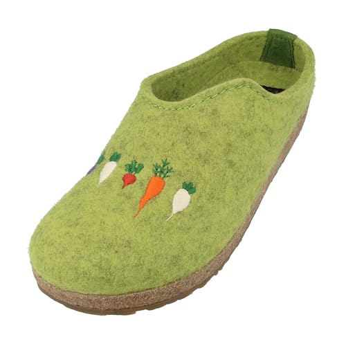 HAFLINGER Grizzly Rübli Filzpantoffel Hausschuh Filzclog mit Rübenmotiv unisex (Canarygreen 98) Gr. 38 von HAFLINGER