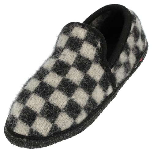 HAFLINGER Loafer Chess Pantoffel Slipper aus Wolle Hausschuh unisex Schwarz Weiß (Schwarz 3), Gr. 40 von HAFLINGER