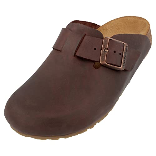 HAFLINGER Porto Eleganter Clog aus Leder mit Gummisohle und Kork Latex Fußbett Hausschuh Unisex Dunkelbraun (748), Gr. 36 von HAFLINGER