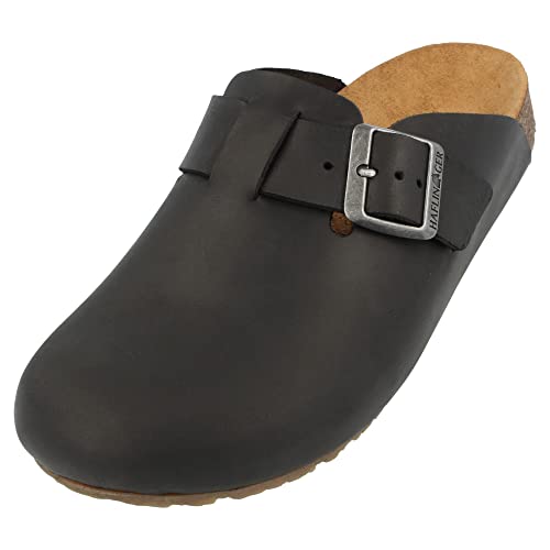 HAFLINGER Porto Eleganter Clog aus Leder mit Gummisohle und Kork Latex Fußbett Hausschuh Unisex Schwarz (701), Gr. 38 von HAFLINGER