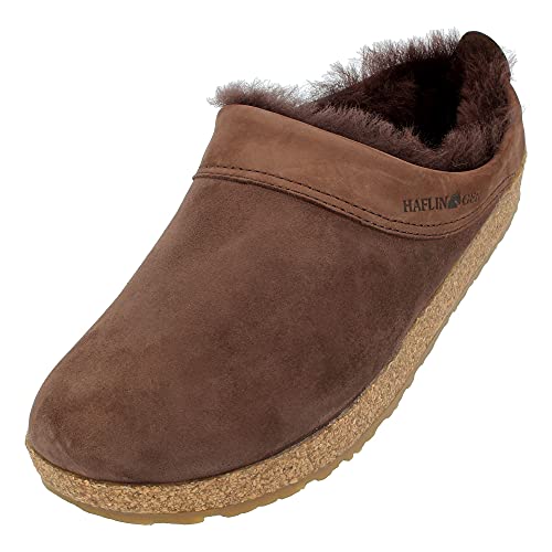 HAFLINGER Lammfellclog Snowbird Filzpantoffel Hausschuh Dunkelbraun (Kaffee 65), Gr 44 von HAFLINGER