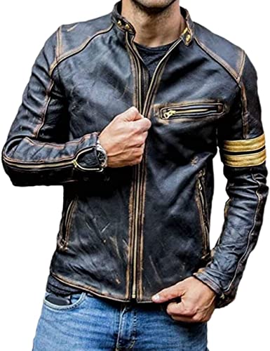 Herren-Biker-Lederjacke, Echtleder, Used-Look, Schwarz Gr. XS, Goldene Streifen von HAFSAH