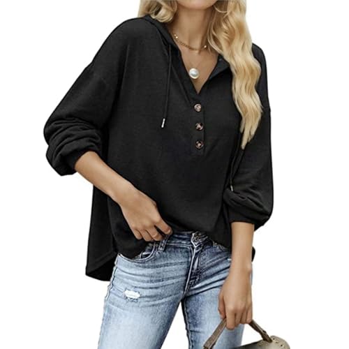 HAGOT 1PCS Kapuzenpullover Damen Langarm Knöpfen, Pullover mit Kordelzug Freizeit, V-Ausschnitt Hooded Henley Sweatshirt, Klassisch, Schwarz, XL von HAGOT