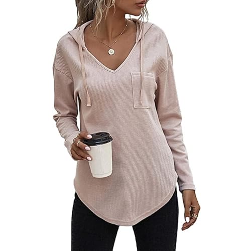 HAGOT 1PCS Pullover Damen Hoodie, V Ausschnitt Pullover Sweatshirt, Langarm Kapuzenpullover, Einfarbig Drawstring Top, Lotuswurzel Rosa, L von HAGOT