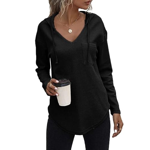 HAGOT 1PCS Pullover Damen Hoodie, V Ausschnitt Pullover Sweatshirt, Langarm Kapuzenpullover, Einfarbig Drawstring Top, Schwarz, XL von HAGOT