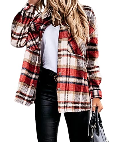 Damen Karierte Jacke Knöpfe Übergangsjacke Kurz Overshirt mit Karomuster Taschen Langarm Leichte Hemd Jacke E-Girl Style Y2K Herbst Oberteile Top Winter Herbst von HAHAEMMA