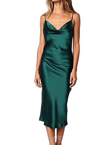 HAHAEMMA Damen Freizeitkleidung ärmellose Spaghettiträger Satin Kleid Cocktail Strand Abendparty Cowl Neck Dot Leopard Midi Kleider(GR2,L) von HAHAEMMA