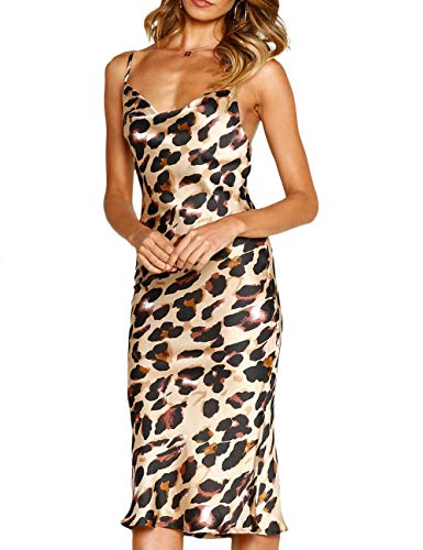 HAHAEMMA Damen Freizeitkleidung ärmellose Spaghettiträger Satin Kleid Cocktail Strand Abendparty Cowl Neck Dot Leopard Midi Kleider(LE,L) von HAHAEMMA