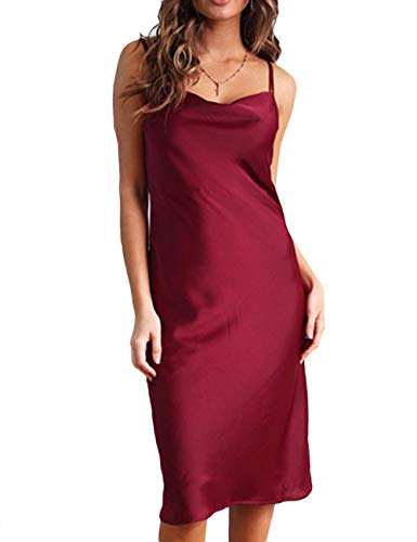 HAHAEMMA Damen Freizeitkleidung ärmellose Spaghettiträger Satin Kleid Cocktail Strand Abendparty Cowl Neck Dot Leopard Midi Kleider(WR,XL) von HAHAEMMA