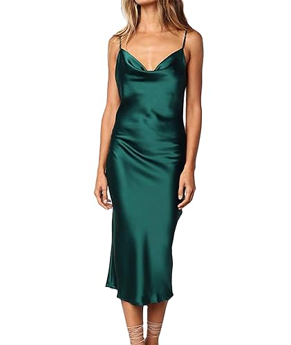 HAHAEMMA Damen Freizeitkleidung ärmellose Spaghettiträger Satin Kleid Cocktail Strand Abendparty Cowl Neck Dot Leopard Midi Kleider(GR2,M) von HAHAEMMA
