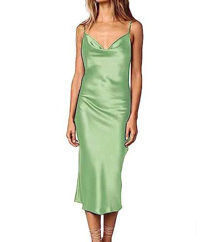 HAHAEMMA Damen Freizeitkleidung ärmellose Spaghettiträger Satin Kleid Cocktail Strand Abendparty Cowl Neck Dot Leopard Midi Kleider(LG,M) von HAHAEMMA